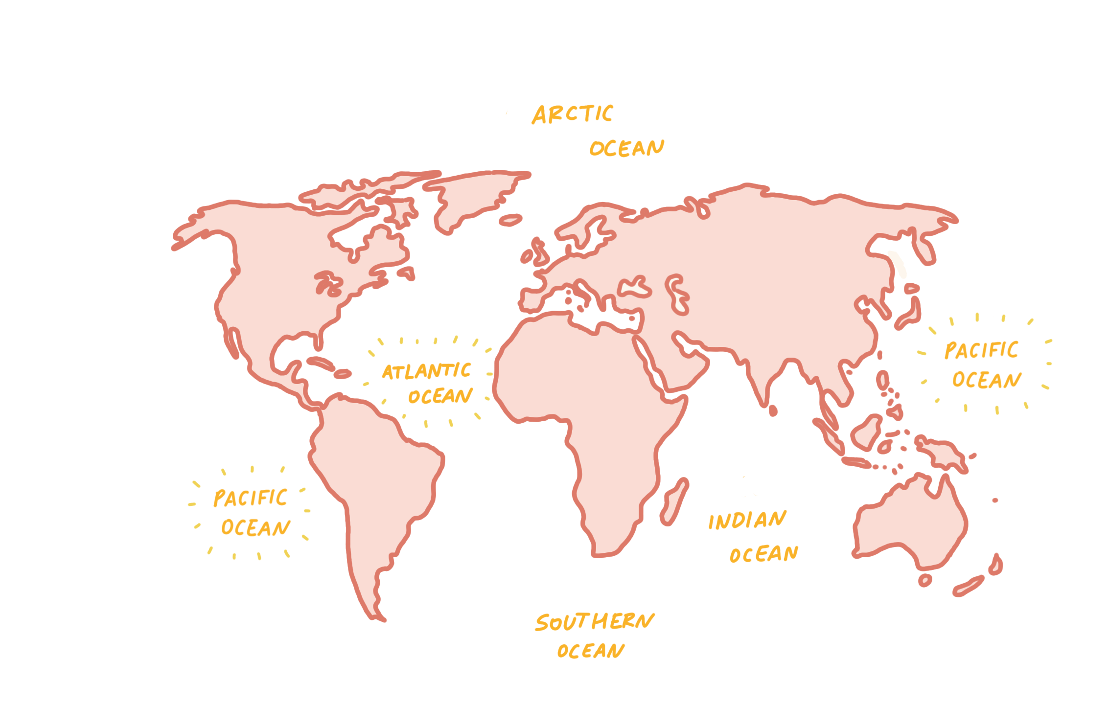 A hand-drawn world map marking the oceans.